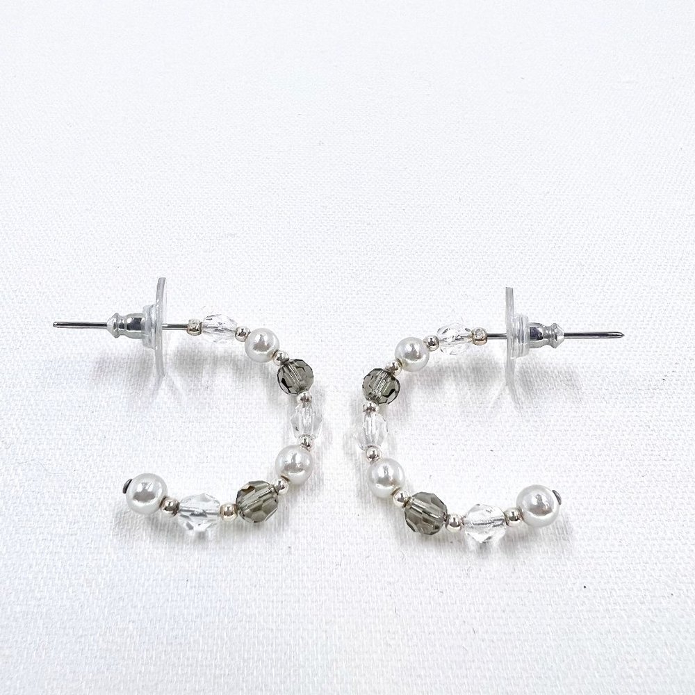Gray, Clear & Faux Pearl Beaded Silver Tone Hoop Post Earrings